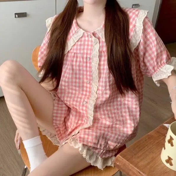Bộ đồ ngủ dài tay thô kẻ cổ lá - Julia Sleepwear - Thiết kế thanh lịch, dịu dàng - Chất liệu thô đũi mềm mại, thấm hút tốt -  Women Nữ Áo Quần Hồng