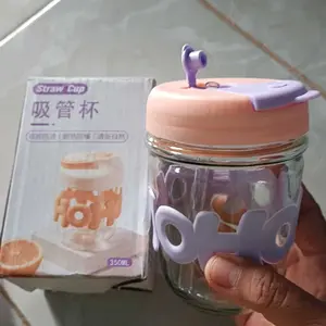 UHOUSE Mug Kaca Tebal dengan Tutup dan Sedotan / Tumbler Kaca Mini 350ml Warna Pastel Aesthetic