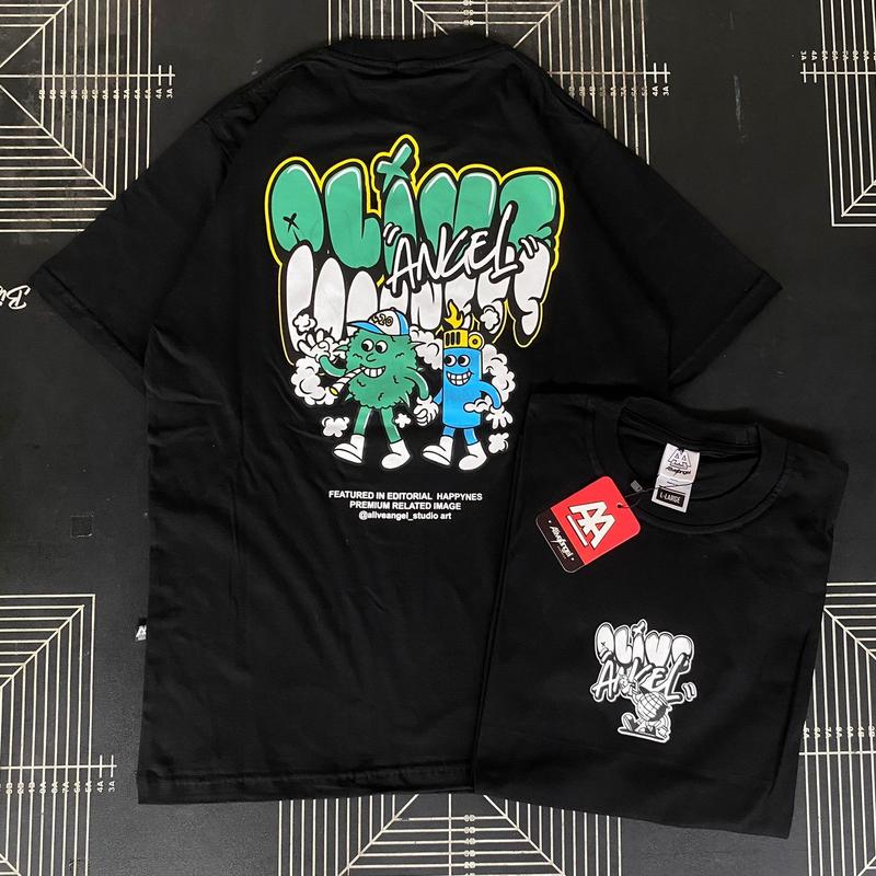 Kaos Trippy Happiness Pot Weed 420 Original Alive Angel Goodness Full Tag Label Tshirt Distro Pria & Wanita Katun Combad 30s Warna Hitam Lengan Pendek Bootleg Baju Oblong Unisex Art Graffiti Mural Aesthetic 0