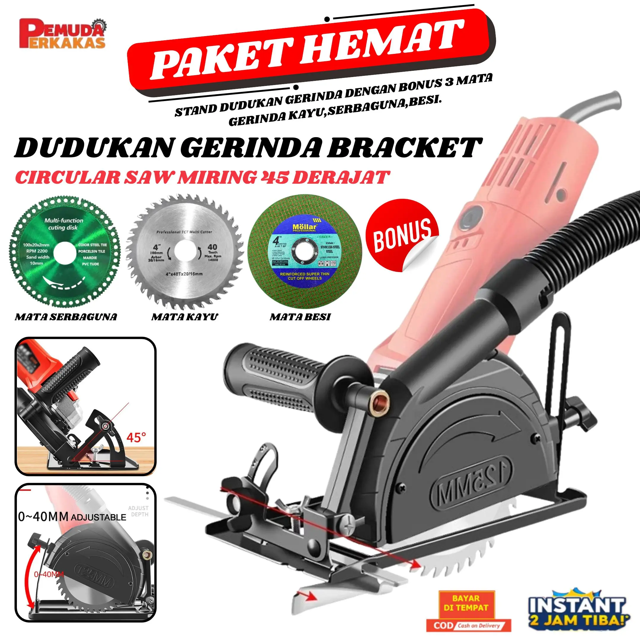 PAKET MURAH 4PCS Dudukan Gerinda Tangan Stand Gerinda Circular Saw Kantong Debu + Mata Grinda Potong Kayu Besi Keramik Granit Besi 4 Inch