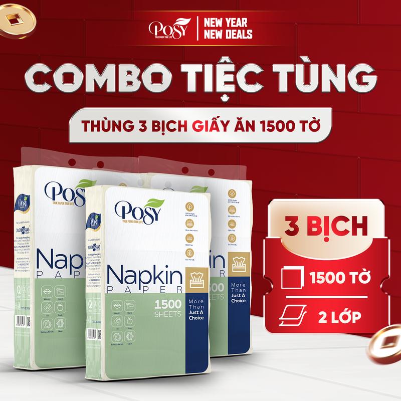 POSY - COMBO 3 BỊCH GIẤY ĂN POSY 1500 tờ 2 lớp mềm dai tiết kiệm cho gia đình công ty văn phòng nhà hàng