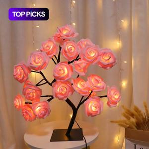 バラの花デザイン ツリー ナイトライト、USB電源 タブルランプ、寝室用ルームライト、室内のバレンタインデーギフト用ホリデーデコレーションライト