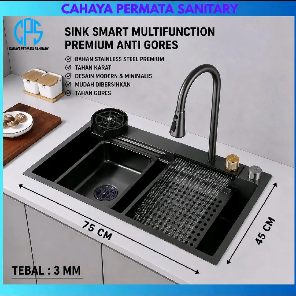KITCHEN SINK HITAM BLACK 7545 MODERAN KOMPLIT SET SIAP PASANG