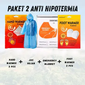 Paket 2 Anti Hipotermia Outdoor Survival | Hand Warmer 2pcs, Jas Hujan, Foot Warmer, Emergency Blanket 4 in 1