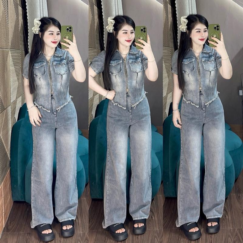 V1 <85cm SET JEAN KHÔNG GIÃN tay nhí nút gài vạt may ren . Quần ống suông may ren dài 94cm lưng chun