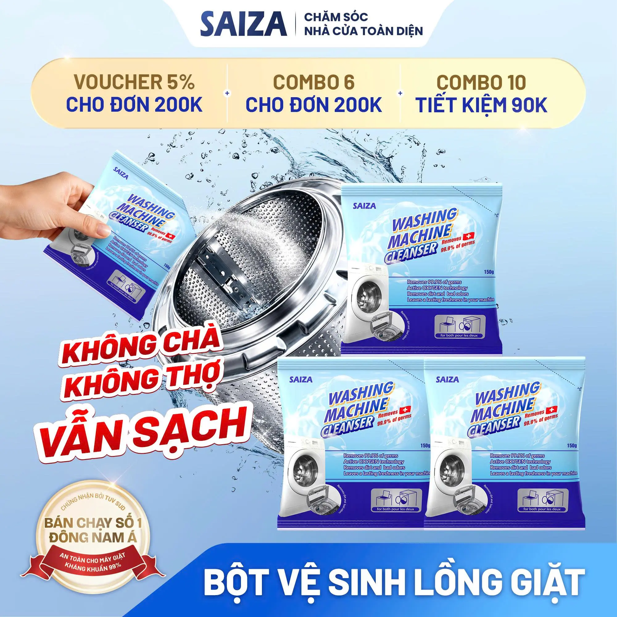 Combo 3 Gói Bột Vệ Sinh Lồng Máy Giặt SAIZA Giúp Làm Sạch Lồng Giặt Hiệu Quả, Kháng Khuẩn, Khử Mùi (150g/gói)