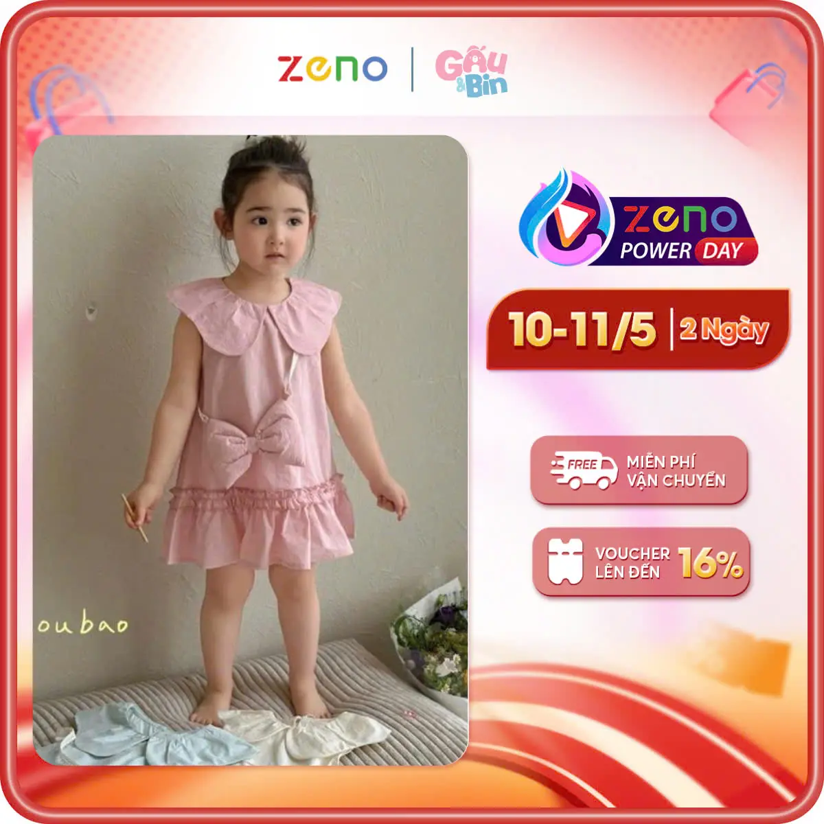 Váy thô cotton sát nách cổ bèo đi kèm túi cho bé