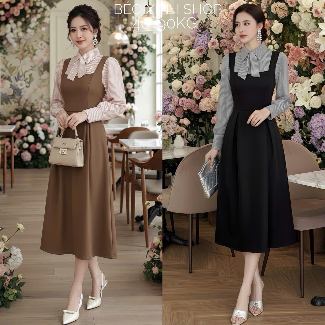 [Xả Kho] Váy Dự Tiệc Nữ Phối Sơ Mi Thắt Nơ Vải Cotton Lạnh Cao Cấp Thanh Lịch Bigsize Từ 40 - 95Kg Thời Trang Nữ Béo Xinh Shop - A.1556