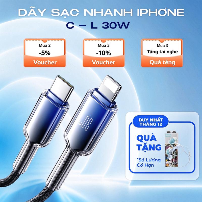 Cáp Sạc Nhanh PD 30W Trong Suốt, Tích Hợp Chíp Bảo Vệ Chống Nóng, Bền Gấp 3 Lần, Sạc Nhanh iPhone 6-14, 3 Lớp Bảo Vệ