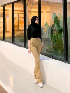 Celana jeans Wanita HW Cutbray Jeans Krem Panjang Polos