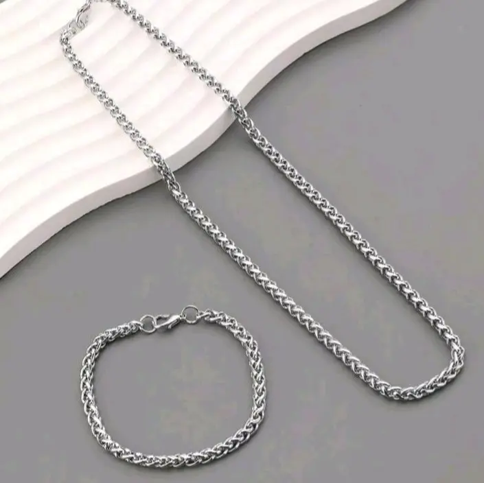 Set Kalung Gelang Titanium Anti Karat Model Rantai Jalin Tulang Naga - Pria Wanita Elegan Casual Titanium Silver