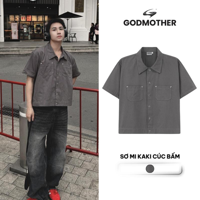 Áo Sơ Mi Cúc Bấm Form Boxy GODMOTHER Ngắn Tay Chất Kaki