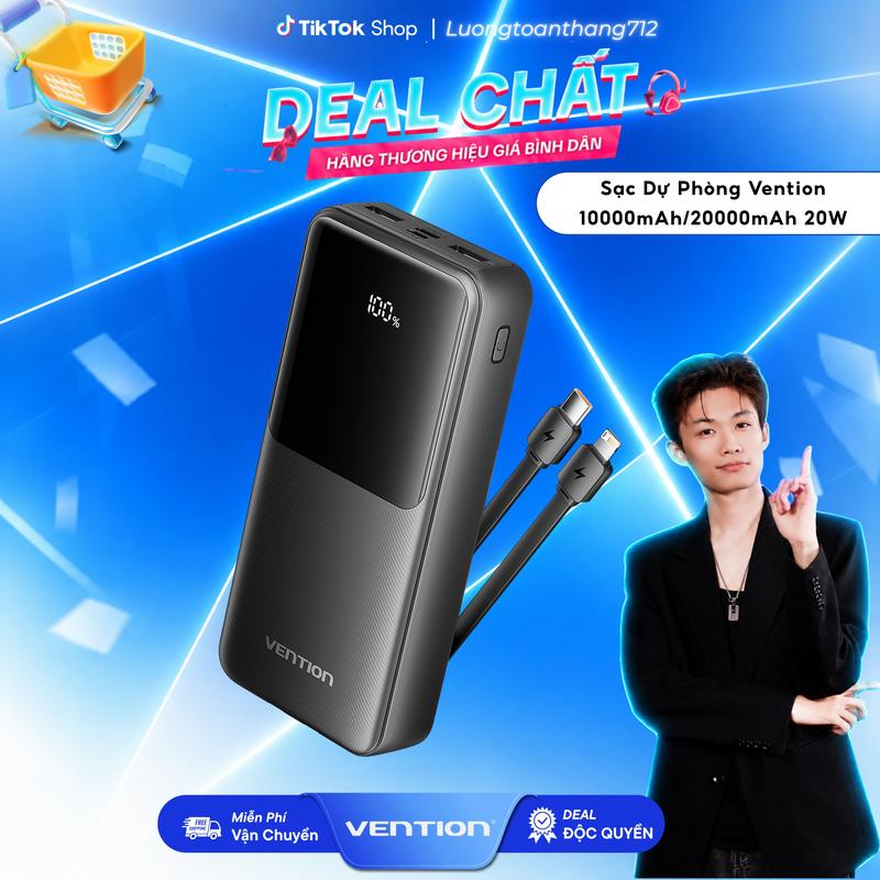 Độc quyền Pin Sạc Dự Phòng Vention 10000mAh/20000mah 22.5W Đạt chuẩn hàng không - Sạc Nhanh, Cáp Tích Hợp, 2 Cổng USB