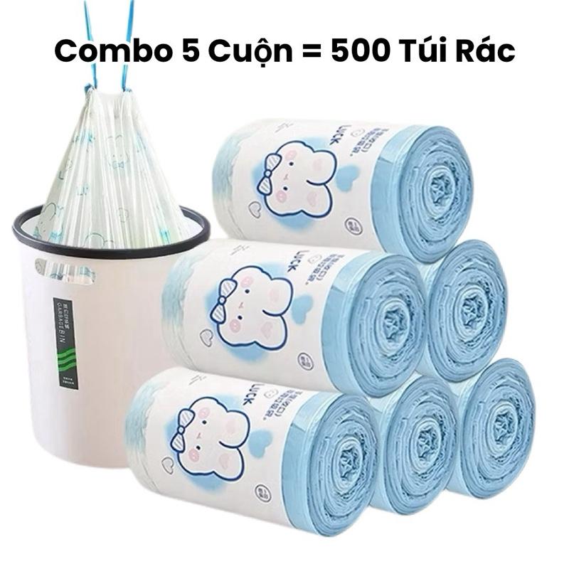 Combo 5 Cuộn Túi đựng rác dây rút Minaier chống rò rỉ nước Cuộn 100 Túi Rác Có quai xách size 45x50cm chất liệu tự phân hủy