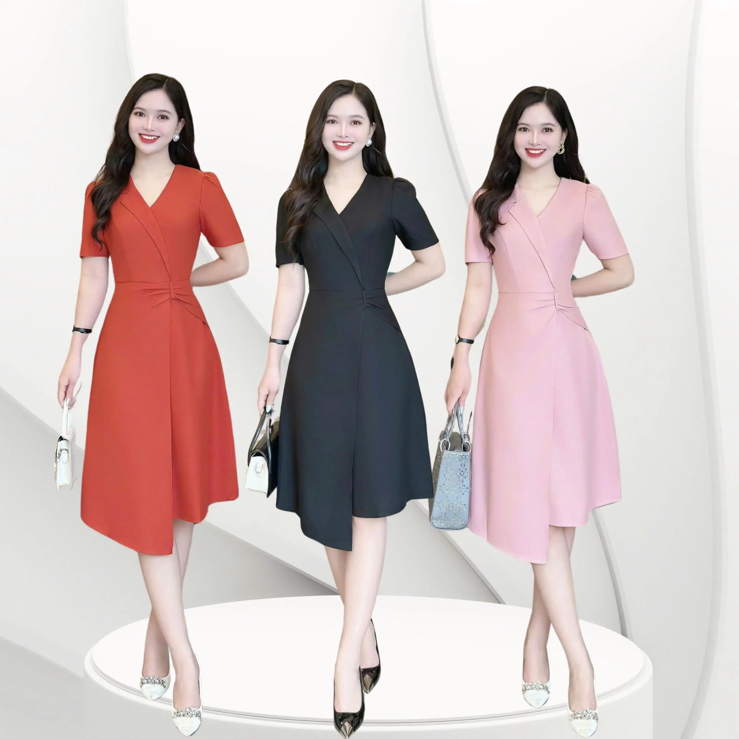 Đầm váy công sở thiết kế Nhật Vy cổ vest tay ngắn nhún eo chiết eo dáng xoè chất lụa dự tiệc - D3142
