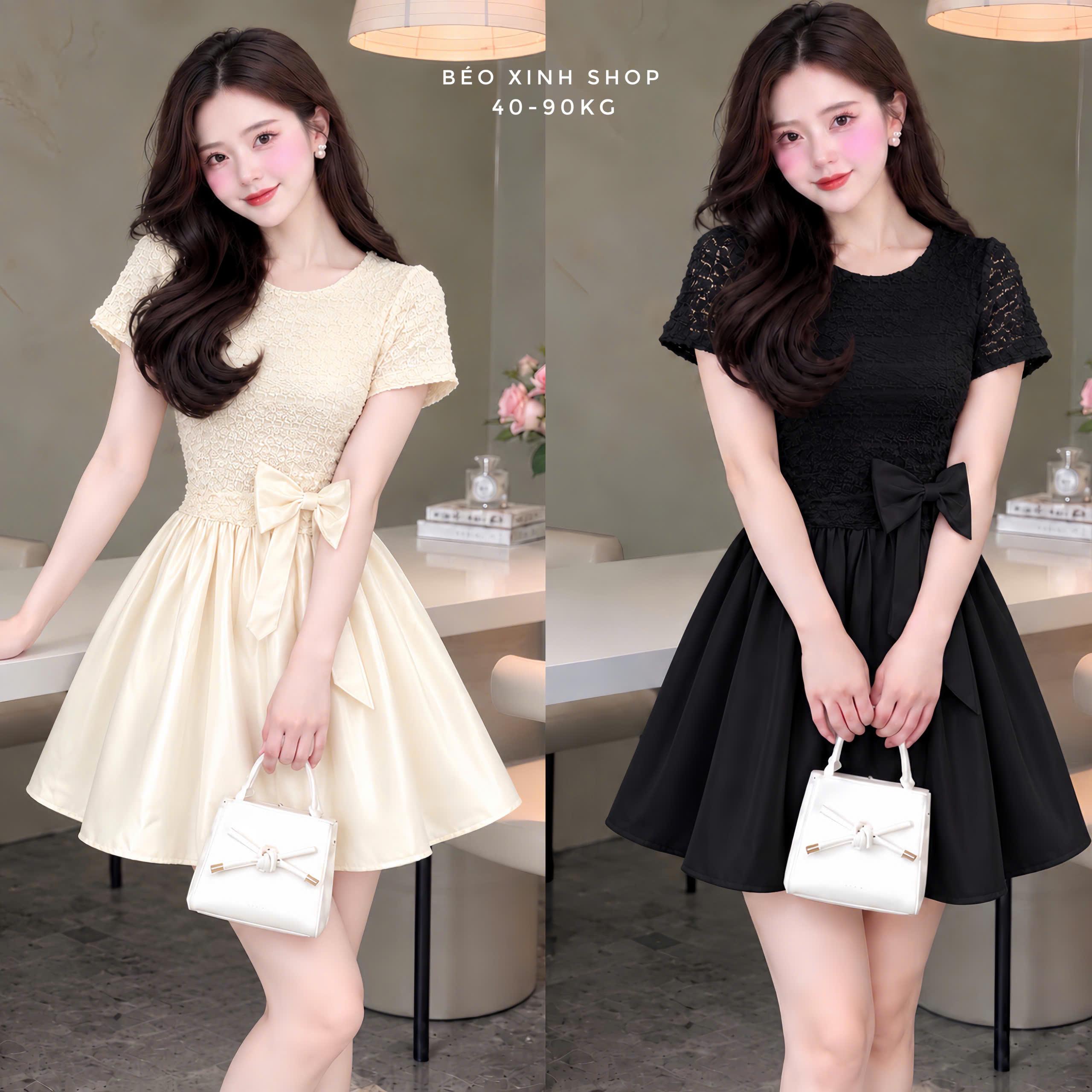 Váy Tuyết Mưa Phối Ren Nữ Tùng Xòe Đính Nơ Eo Thanh Lịch Bigsize S-2XL 40-90kg - A.1862