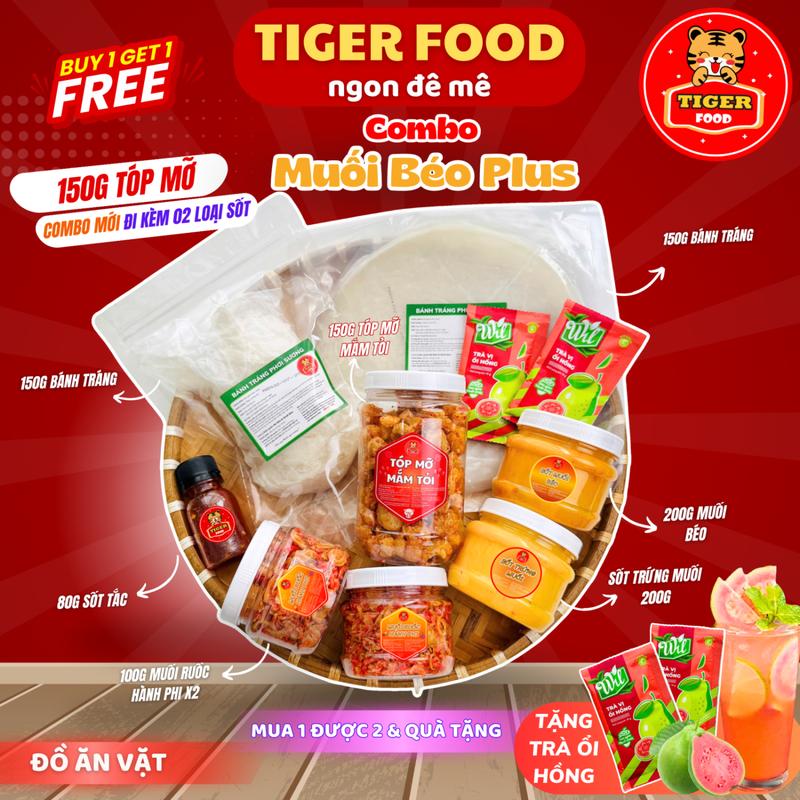 COMBO MUỐI BÉO - Bánh tráng phơi sương muối béo + tóp mỡ + hành phi + sốt tắc chua ngọt TIGER FOOD Bánh tráng muối béo Siêu Ngon - Đồ ăn vặt Snack Nước Sốt Gia Vị