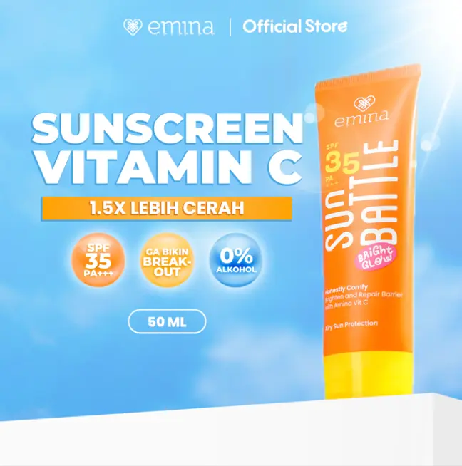 Emina-Melembabkan Kulit Sun Battle Bright Glow SPF 35 PA+++ - Sunscreen Serum Amino Vitamin C - Cerah, Ringan, Hydrating