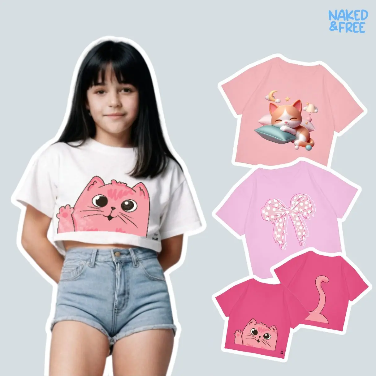 Naked & Free Croptop Oversize Anak Perempuan Kitty Polka Pink Sleep Cat Series Bahan Katun 30s