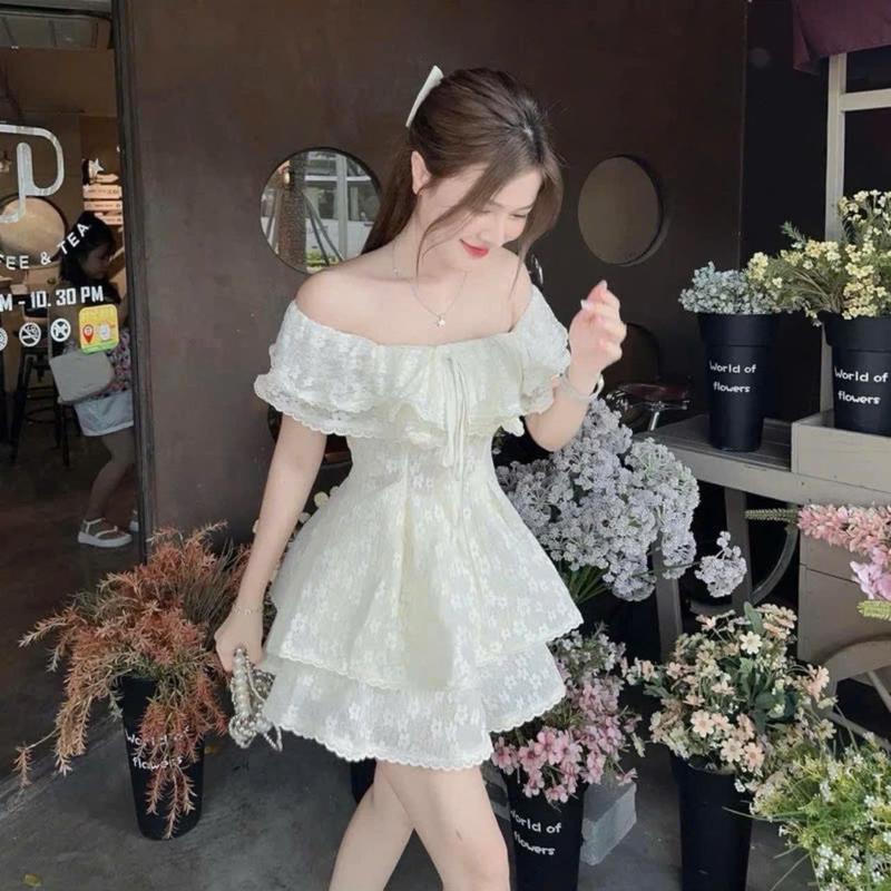 SBX66 Sét Bộ Áo Trễ Vai Tay Bèo Sét Bộ Ren Hoa Nổi Kèm Quần Váy Sét bộ tiểu thư Bigsize Kim Ngân từ 50kg đến 100kg tet