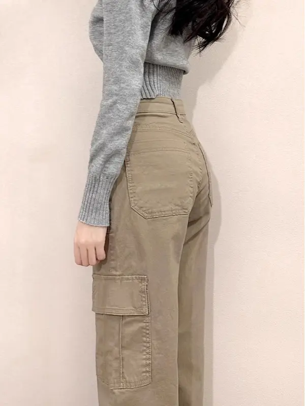 【Luck wanita】Cargo Jeans khaki Highwaist Loose Celana Jeans Wanita Korea style (realpict) 7