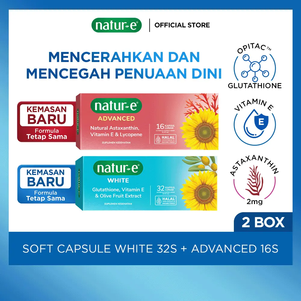 Natur-E Paket Soft Capsule - White 32s & Advanced 16s - Suplemen Kecantikan Dengan Vitamin E, Glutathione dan Astaxanthin - Membantu Menjaga Kesehatan Kulit dari Dalam
