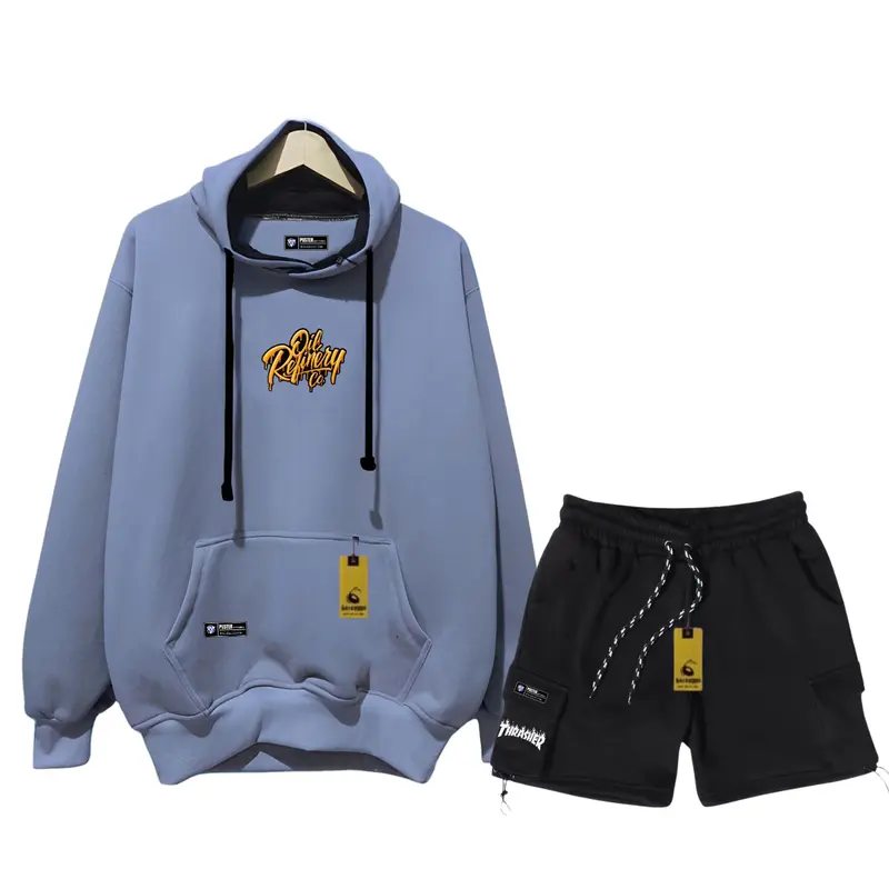 Oneset Hoodie Celana Pendek Pria Wanita Distro Stelan Sweater Celana Cargo Bahan Flece Brend Puster Apparel Size M L XL XXL Dewasa Hitam Setelan Polos Unisex Katun Crewneck 4
