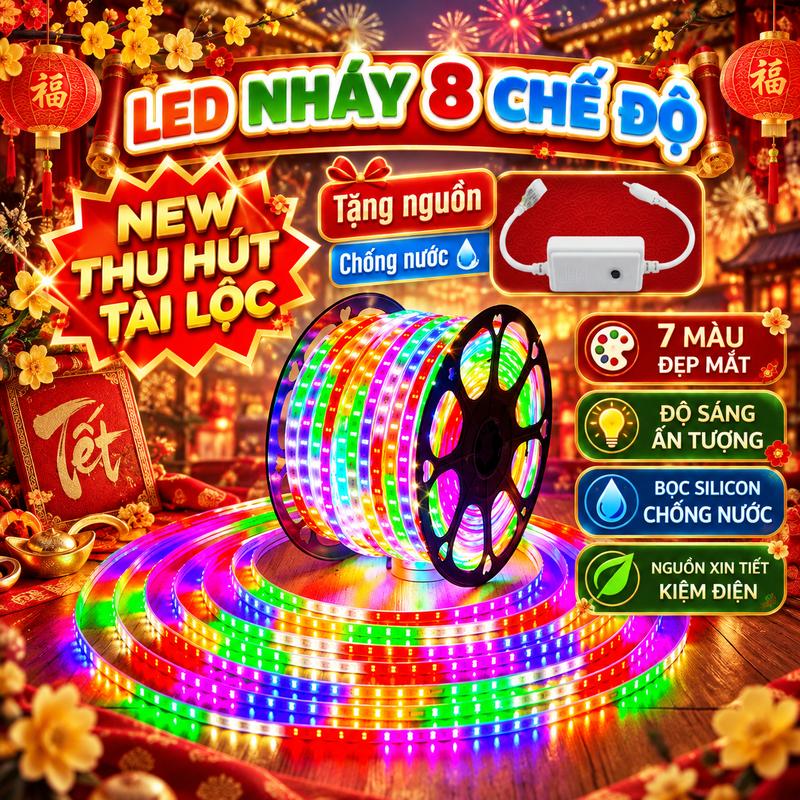 cuộn 5m-10m dây led nháy đuổi nhiều màu + Tặng nguồn 220V, chỉnh được chế độ chớp, chống nước,ẩm, trang trí quấn cây cảnh, sân vườn, lễ Tết