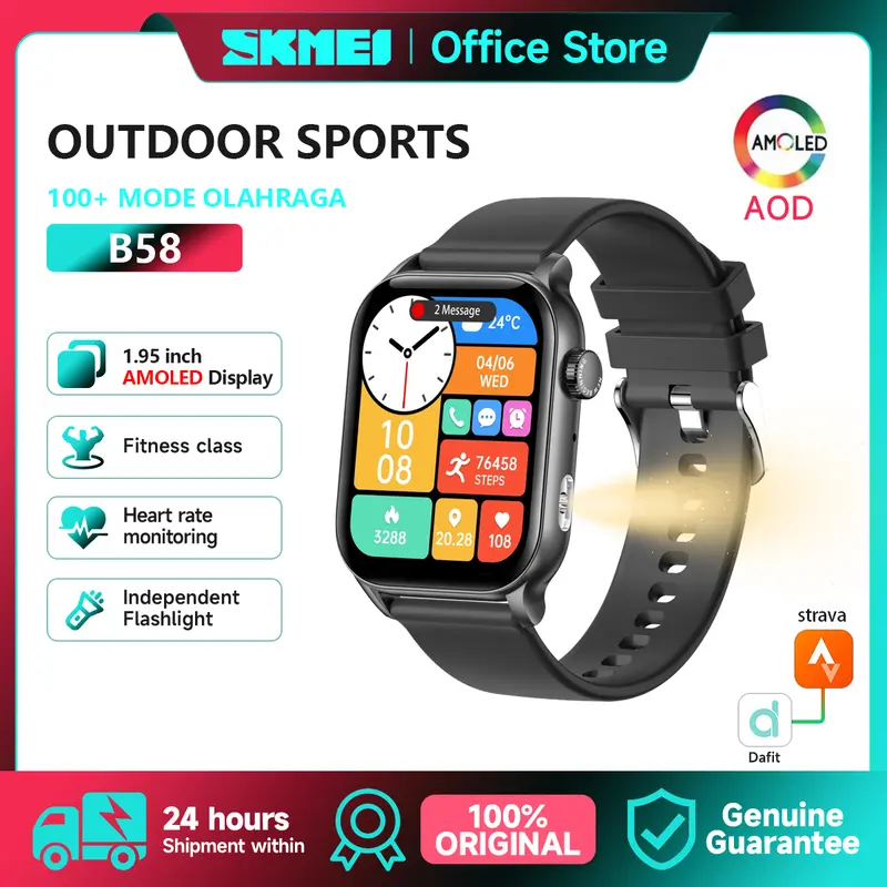 SKMEI B58 | jam tangan militer  | smartwatch wanita l senter tersendlr I AMOLED display | Bluetooth phone call | Detak jantung  | Oksigendarah olahraga fitness 0