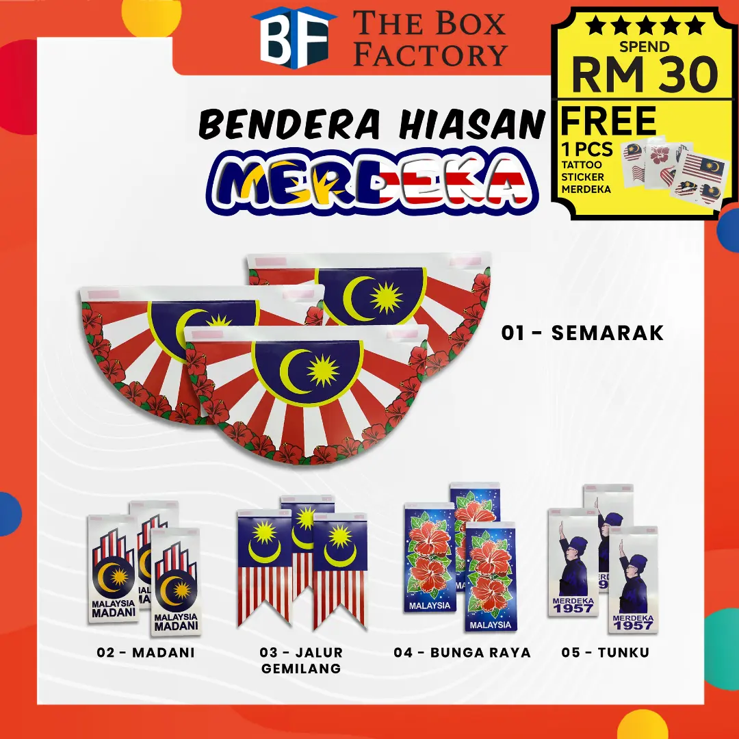 TBF Bendera Hiasan Merdeka Semarak Jalur Gemilang Madani Bunga Raya Tunku 1pcs Malaysia Flag Material PVC Bundle 6"x12"