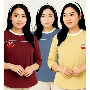 Oyrich Cherry Blouse Atasan Wanita List Strip Spandek Adem Anti Kusut dengan Desain Embroidery Buah Ceri