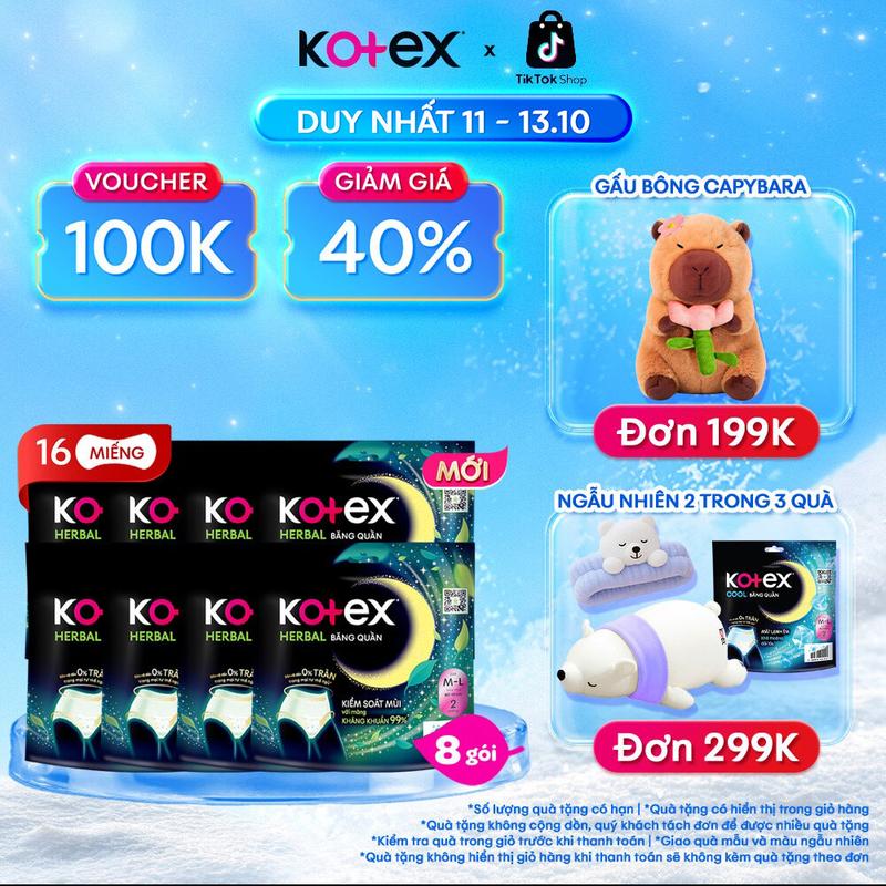 [QUÀ TẶNG HOT] 8 gói băng vệ sinh quần Kotex Herbal cỡ M/L​, chống tràn, thấm hút tốt, thoáng khí, không lộ viền, khử mùi, kháng khuẩn, 2 miếng/gói, phù hợp sử dụng ngày và đêm, dành cho phụ nữ mang thai và sau sinh, bvs kinh nguyệt nhiều, tampon​​