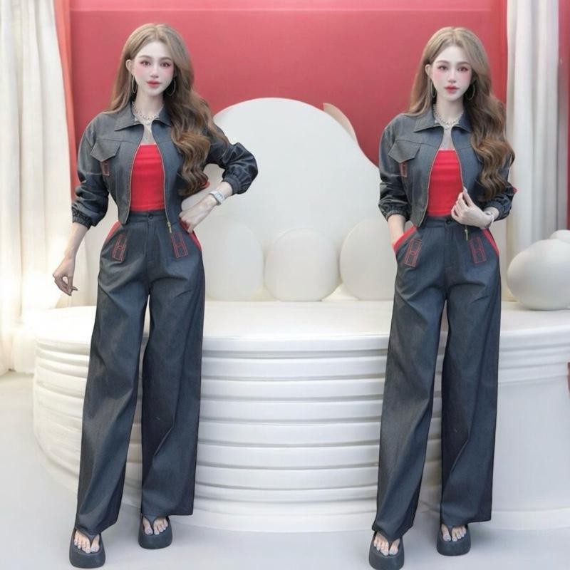 ( Quần dài 103cm ) Set quần áo thiết kế CRAZYTEEN S6001 dành cho nữ gồm áo khoác kiểu tay dài và quần suông để đi chơi ( Áo khoác tay dài/ Quần suông/ Áo ống ) sét đồ nữ xinh