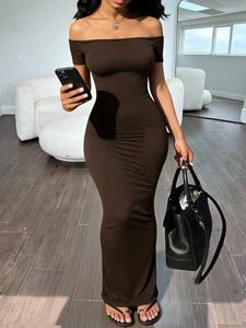 Vestido largo de línea A ajustado con un solo hombro y manga corta; vestido de noche sexy de color sólido y ajuste ceñido; elegante vestido sin hombros que estiliza la figura para una noche de citas.