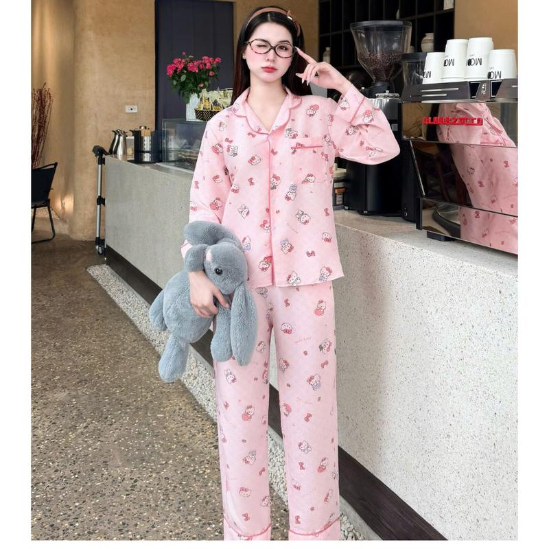 Đồ Ngủ Bộ pyjama Nữ Tay Dài Chất Vải Đũi Hàn mềm nhẹ mát hình họa tiết dễ thương