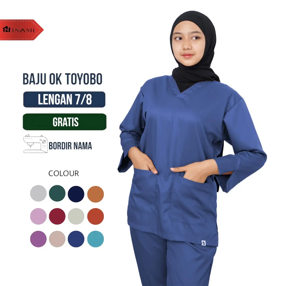 (Free Bordir Nama) Baju Jaga Oka Lengan 7/8 One Set Jaga Perawat Nakes Full Set Celana Pakaian Kerja Bidan Dokter Bahan Toyobo Panjang Wanita Setelan Ok