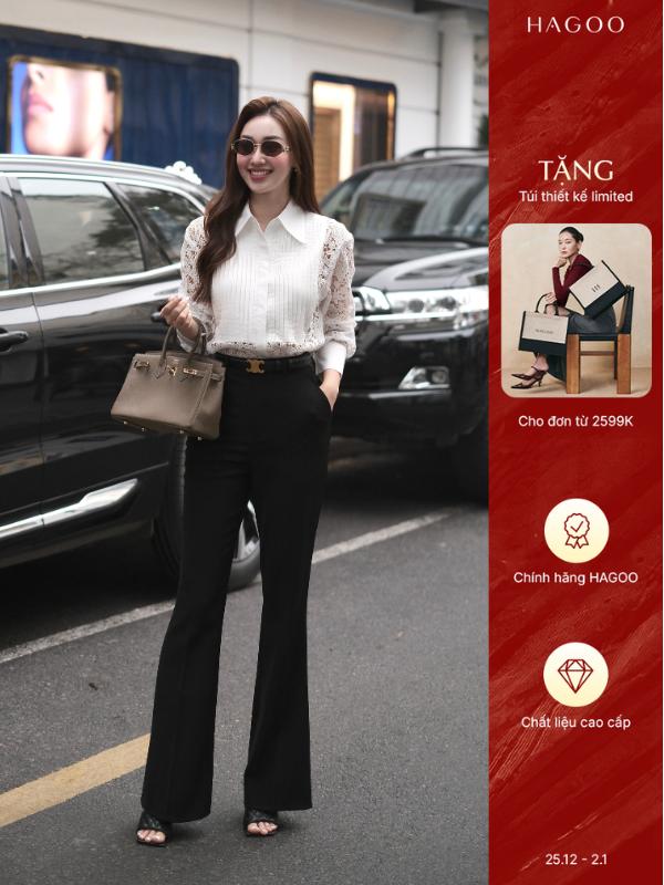  HAGOO Quần âu ống loe lưng cao công sở phong cách thanh lịch Women   Q371   Nhung Pants 