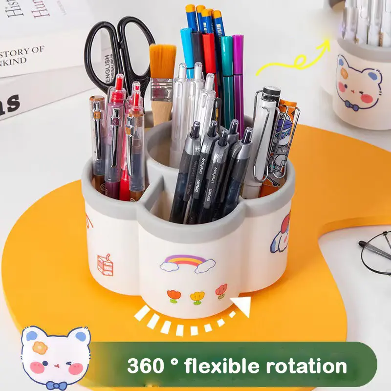 360 Rotating Pen Holder 6-Grid Large Capacity Storage Box Student Home Office Desk Multi functional High Beauty Creative Pen Holder