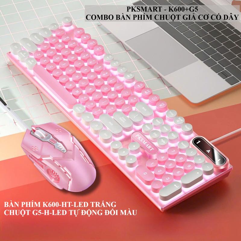 Combo Bàn Phím Chuột Máy Tính Laptop Có Dây Giả Cơ PKSMART K600+G5 LED Xuyên Chữ Nhiều Màu Sắc Trắng Xanh Hồng