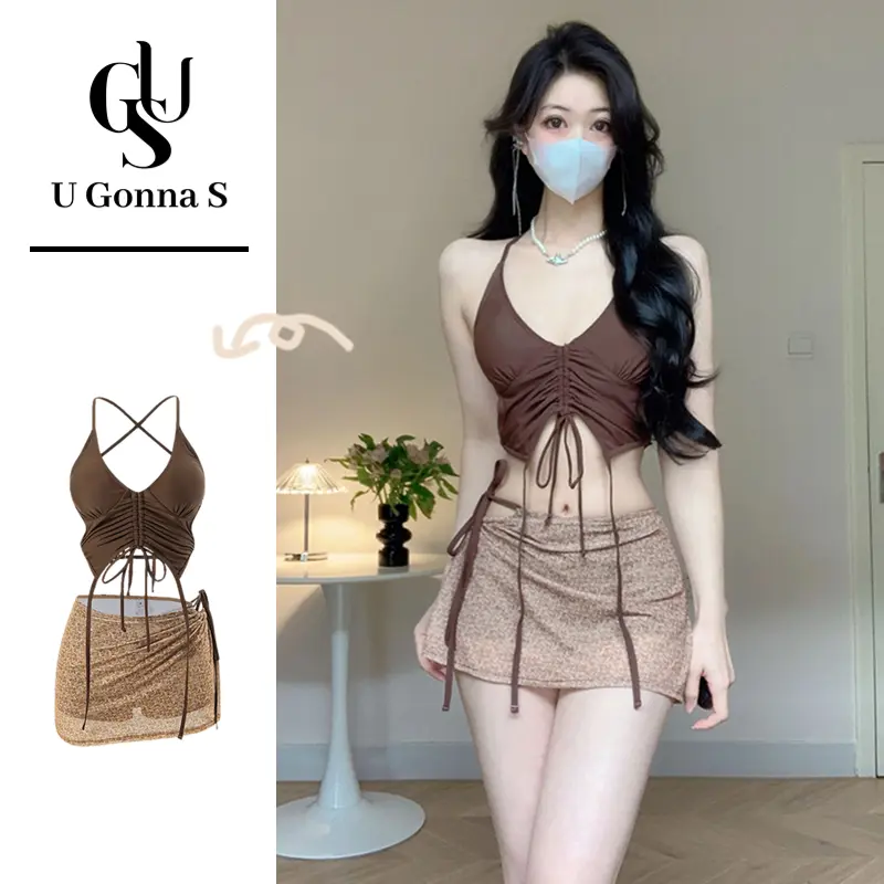 Phụ Nữ trang phục bơi Sexy 2 Mảnh 2024 Backless Padding Đồng Bằng Không Tay Beachwear Váy bikini Dễ Thương Thời Trang Stretchable cạp cao Hàn Quốc Áo