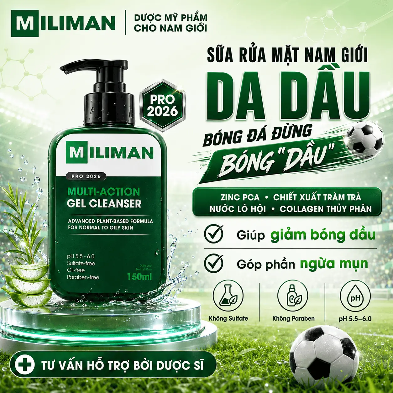 Sữa Rửa Mặt Nam Da Dầu MILIMAN PRO 2026 150ML – Công Thức Gel Mới Sạch Sâu Không Khô Da, Giúp Kiềm Dầu Ngừa Mụn