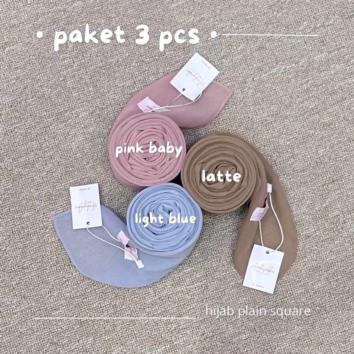 Anahijabku - Paket Hemat 3 pcs Hijab Plain Square Kerudung Segi Empat Polycotton Lembut Nyaman Muslim Basic
