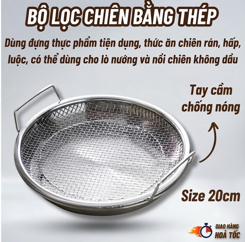 DecorHome Set Khay Lọc Dầu (ĐĨA + VỈ) Chất Liệu Inox Cao Cấp Size 20cm - Giúp Món Chiên Giòn Lâu, Hạn Chế Thấm