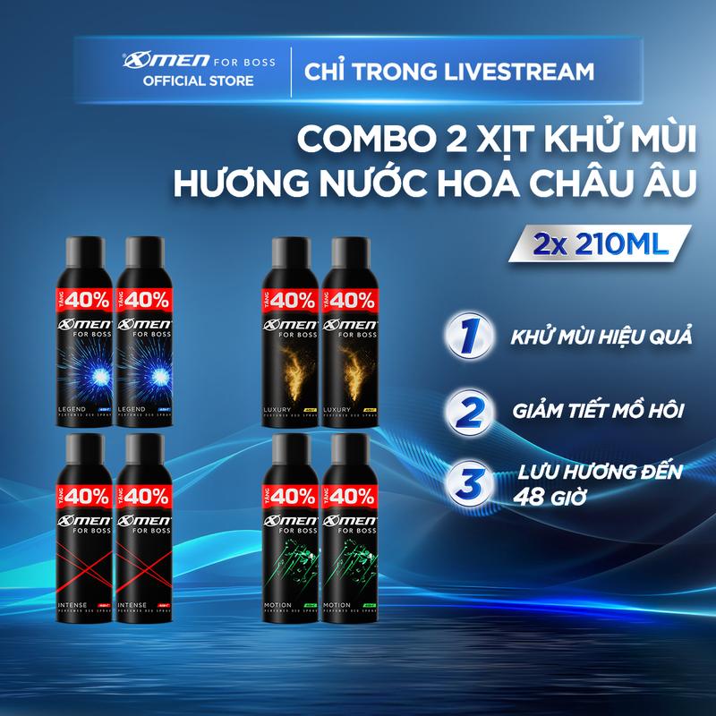 [TĂNG 40% DUNG TÍCH] Combo 2 Xịt khử mùi X-Men For Boss Intense/ Luxury/Legend/Motion 210ml/chai - Hương nước hoa châu Âu