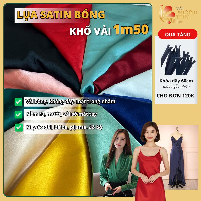 Vải lụa Satin bóng Phượng Thúy mềm mịn co giãn nhẹ dòng vải trơn may áo dài đầm váy và đồ bộ khổ ngang 1m50 Bàn Tay Kim Tuyến
