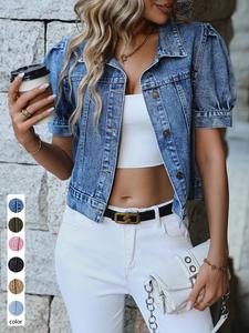Chaqueta vaquera corta para mujer, top de mezclilla con manga abullonada y un solo botón, prenda exterior casual de verano con lavado vintage, elegante y cómoda