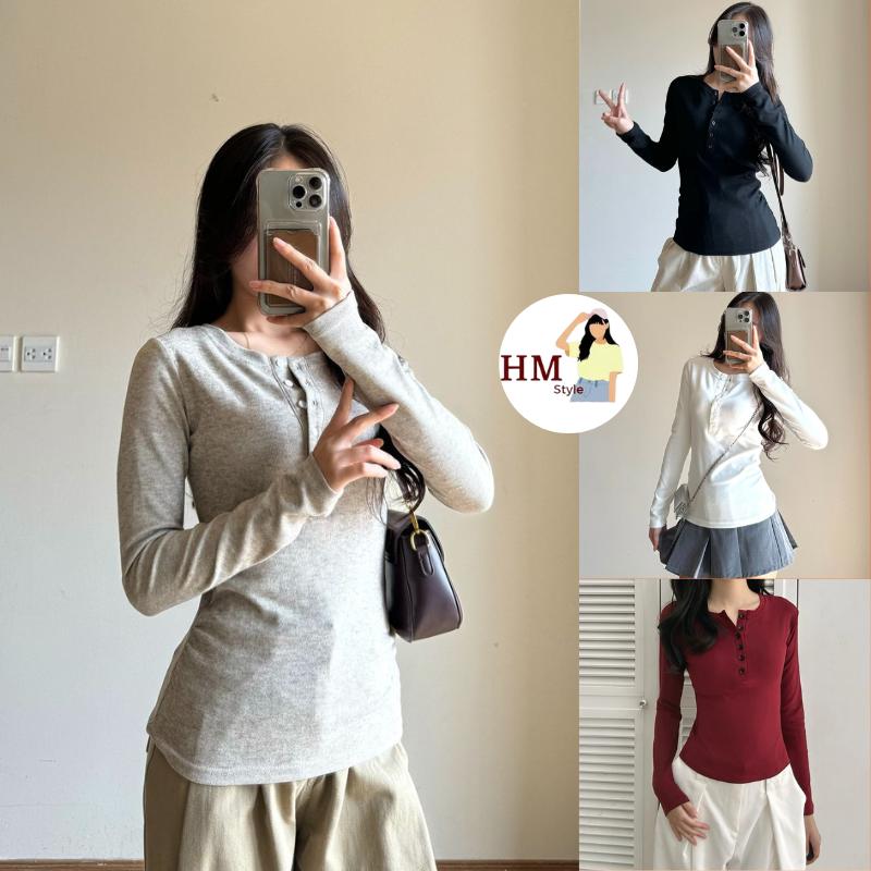 Áo thun dài tay HM STYLE HN cúc xẻ chất tăm lông thỏ ôm body HA888 Nữ Women Top