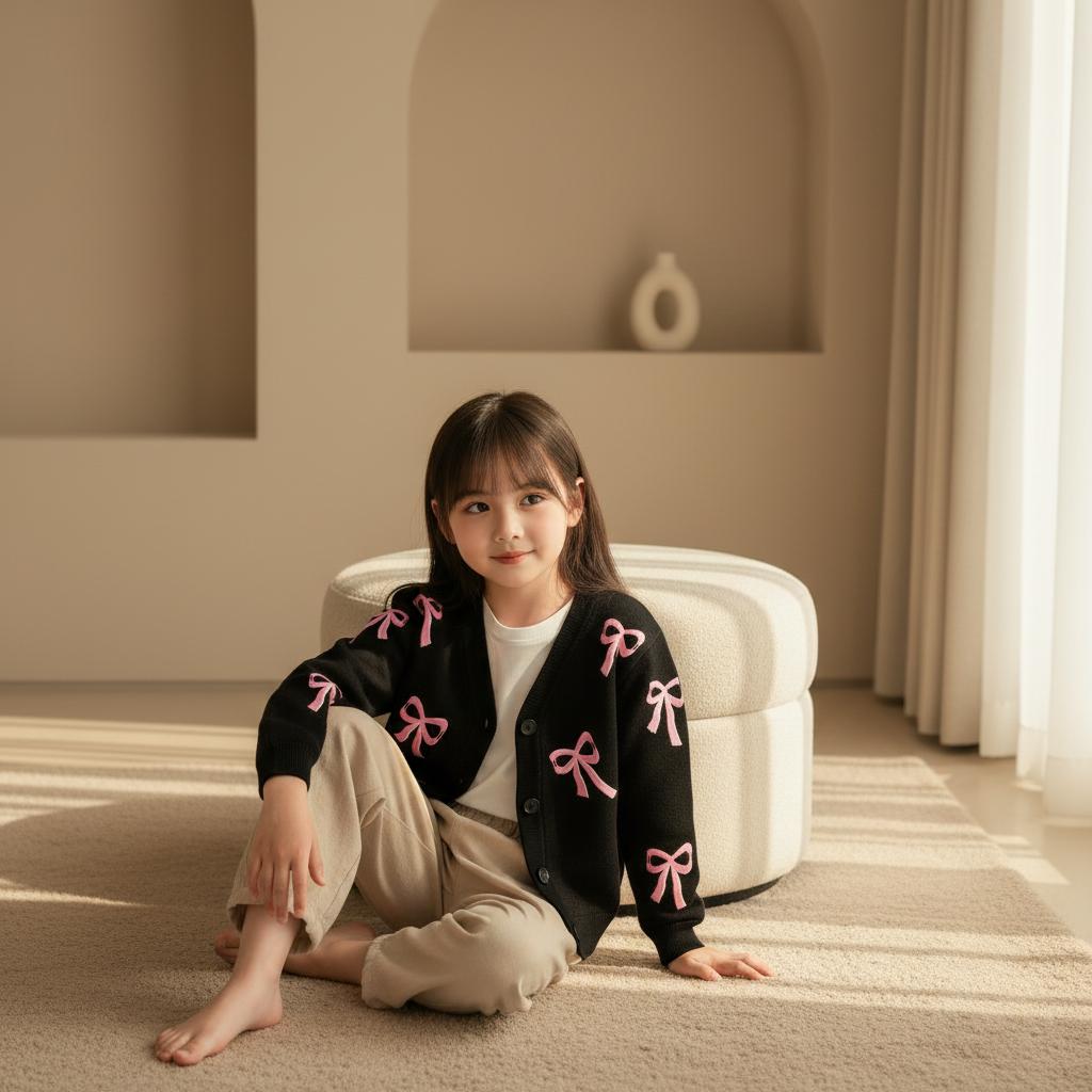 CAIFU Cardigan Pita Hitam Anak Perempuan Cardi Lengan Panjang Atasan Y2K Usia 3-12 Tahun Bahan Lembut Halus Nyaman Adem Variasi Warna Pastel Cantik Fashion