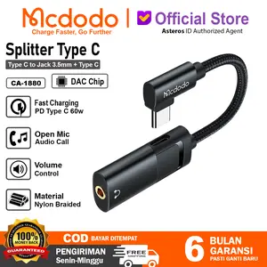 MCDODO Converter Splitter Type C to Jack 3.5mm + Type C Audio Open Mic