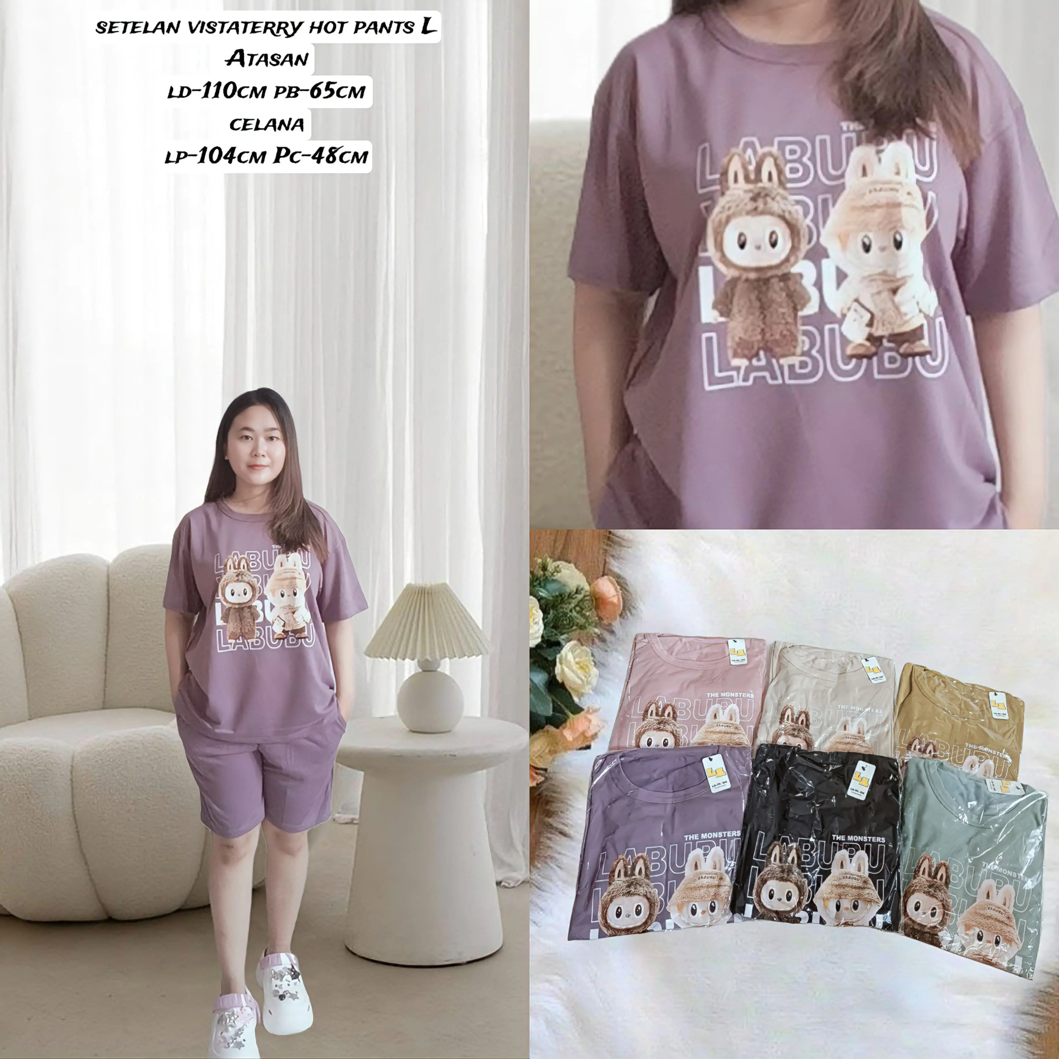 Setelan Baju Vistterry  labubu / One Set Kaos  & Hot Pant WANITA KEKINIAN Model / Stelan  Kaos Celana Pendek Wanita Terbaru bahan adem